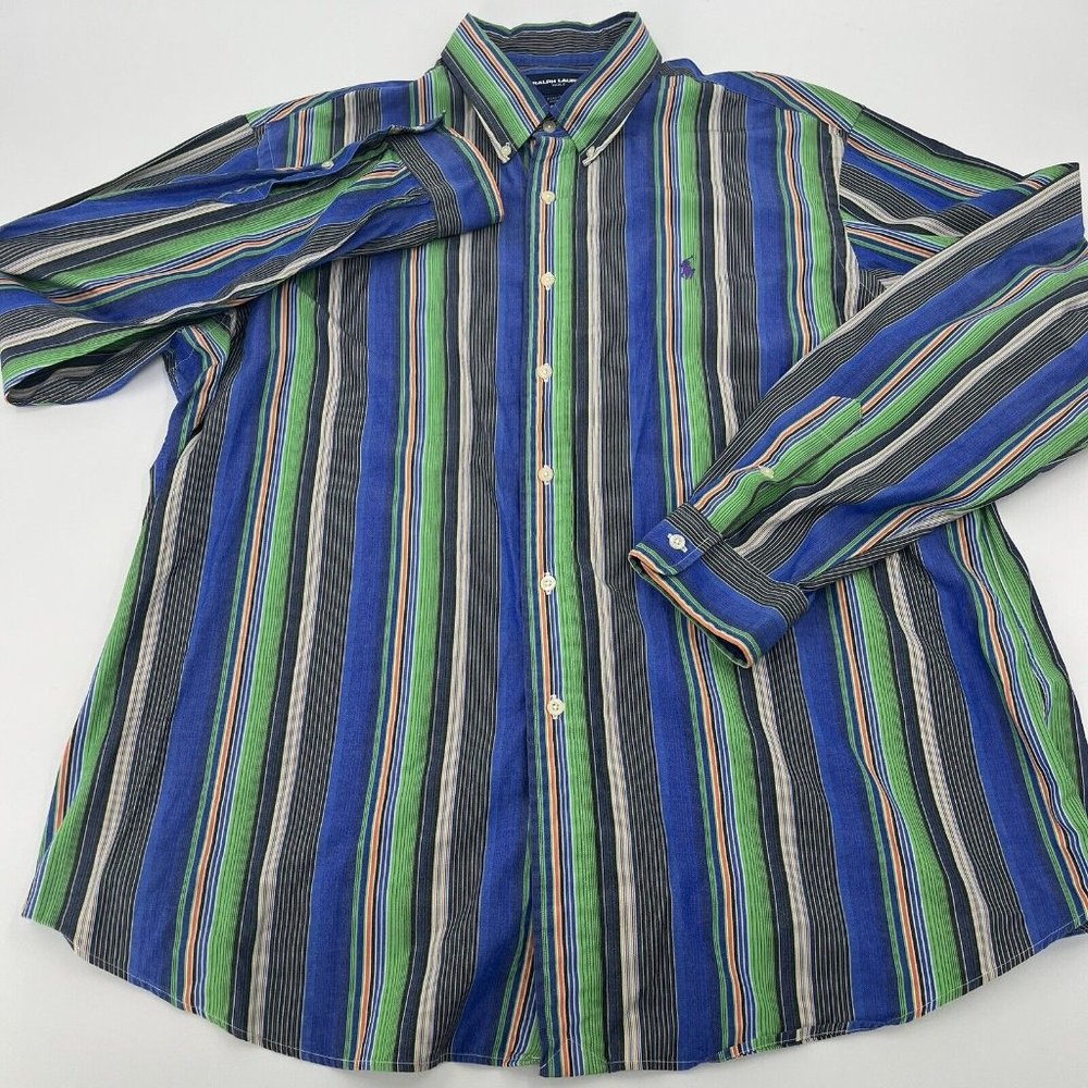 Ralph Lauren Golf Mens XXL Custom Fit Blue Striped Long Sleeve Button Down Shirt